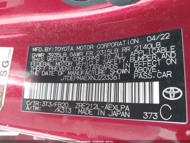 Продажа на аукционе авто 2022 Toyota Corolla Le, vin: JTDEPMAEXNJ223361, номер лота: 44466569