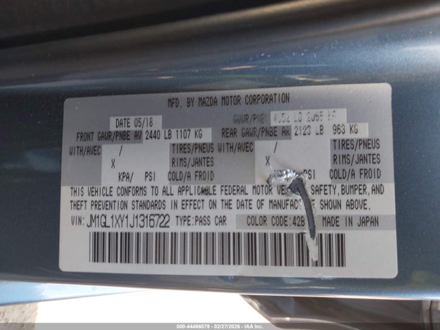 Auction sale of the 2018 Mazda Mazda6 Signature, vin: JM1GL1XY1J1316722, lot number: 44466579