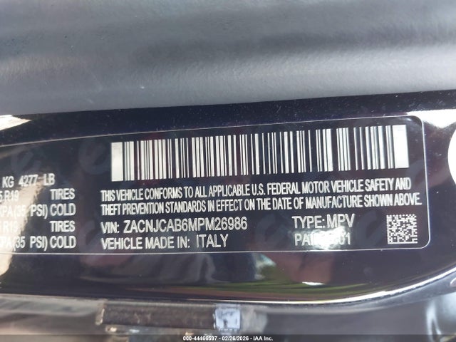 Aukcja sprzedaży 2021 Jeep Renegade Jeepster Fwd, vin: ZACNJCAB6MPM26986, numer aukcji: 44466597