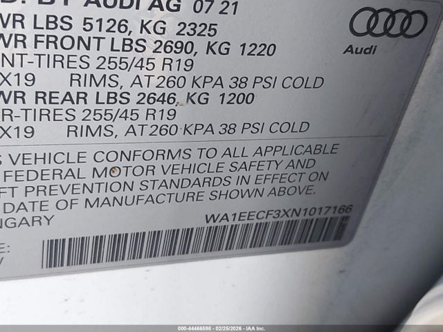 Продаж на аукціоні авто 2022 Audi Q3 Premium Plus 45 Tfsi S Line Quattro Tiptronic, vin: WA1EECF3XN1017166, номер лоту: 44466598