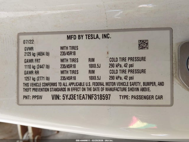 Aukcja sprzedaży 2022 Tesla Model 3 Rear-wheel Drive, vin: 5YJ3E1EA7NF318597, numer aukcji: 44466611