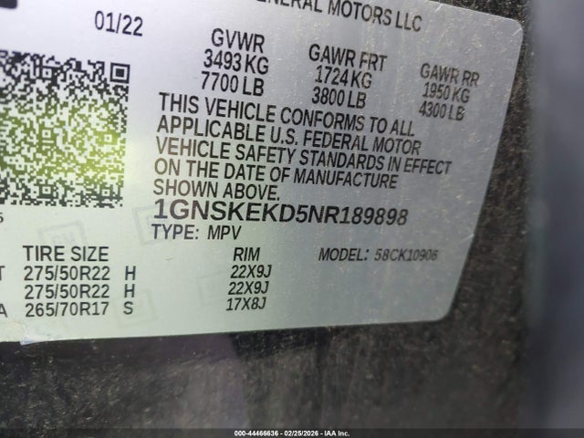 1GNSKEKD5NR189898 Chevrolet Suburban 4wd Rst