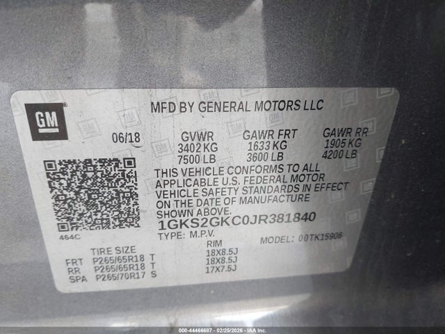 Aukcja sprzedaży 2018 Gmc Yukon Xl Slt, vin: 1GKS2GKC0JR381840, numer aukcji: 44466687