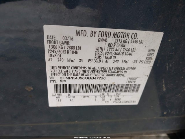 Продаж на аукціоні авто 2016 Ford Edge Sel, vin: 2FMPK4J96GBB47750, номер лоту: 44466690