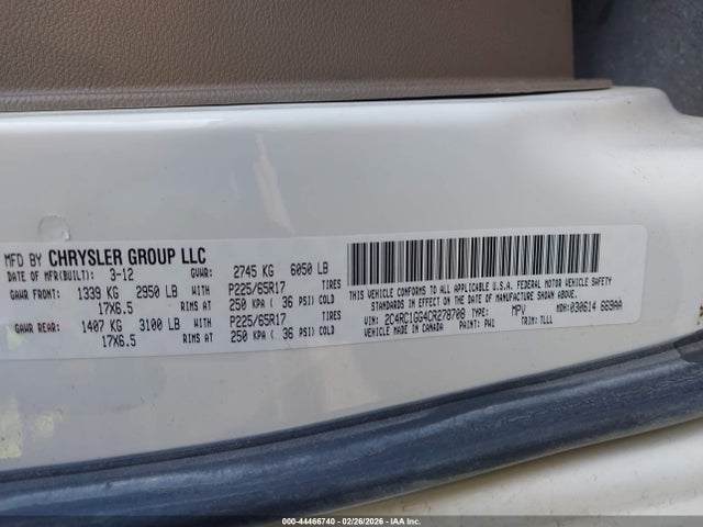 Продажа на аукционе авто 2012 Chrysler Town & Country Limited, vin: 2C4RC1GG4CR278708, номер лота: 44466740