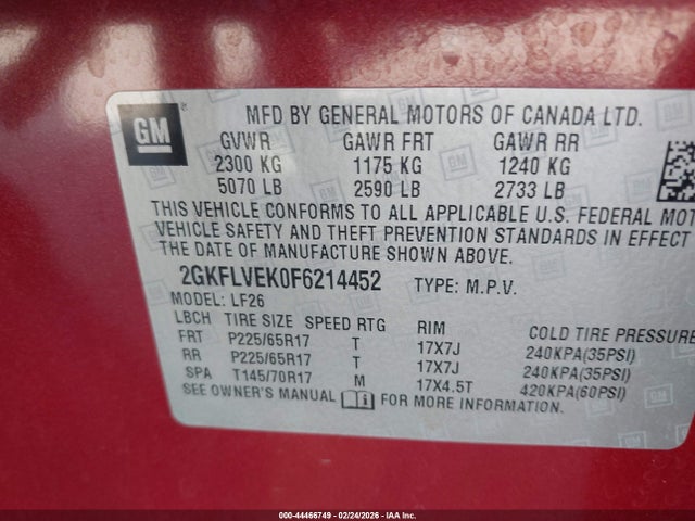 Продажа на аукционе авто 2015 Gmc Terrain Sle-1, vin: 2GKFLVEK0F6214452, номер лота: 44466749