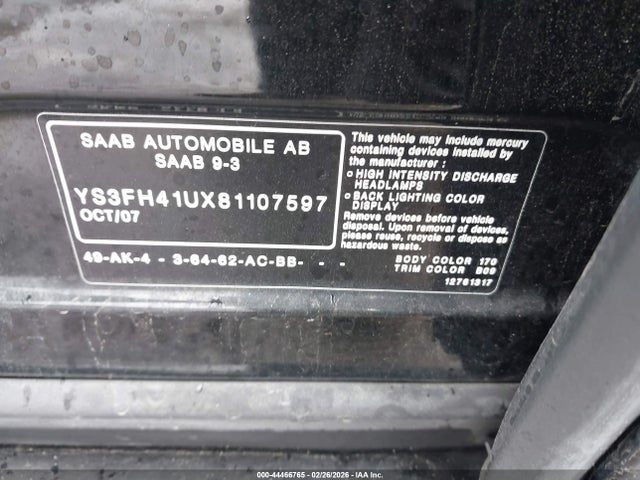 2008 SAAB 9-3 YS3FH41UX81107597 Photo 8