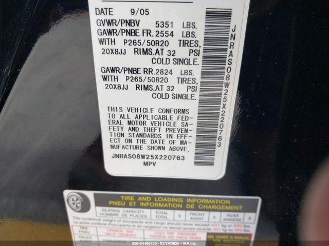 Продажа на аукционе авто 2005 Infiniti Fx35, vin: JNRAS08W25X220763, номер лота: 44466780