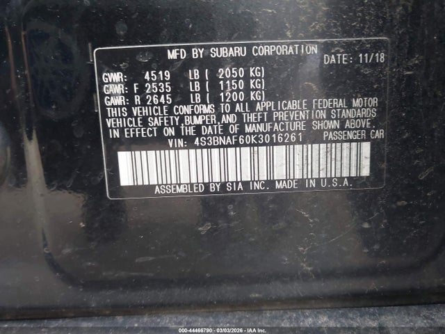 4S3BNAF60K3016261 Subaru Legacy 2.5i Premium