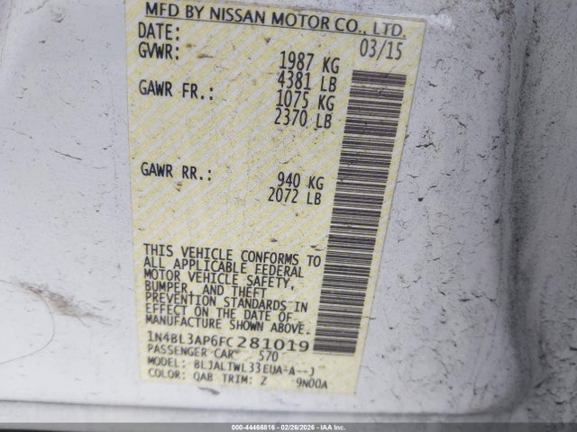 Nissan Altima 3.5 Sl 2015 1N4BL3AP6FC281019 Image 9