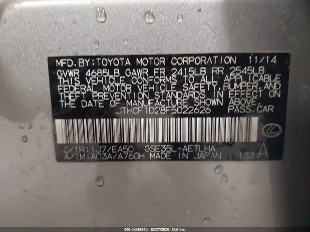 Продажа на аукционе авто 2015 Lexus Is 250, vin: JTHCF1D28F5022626, номер лота: 44466834