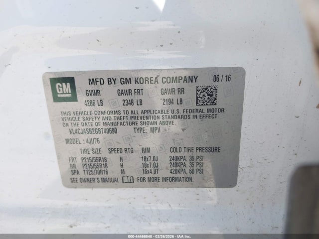 2016 Buick Encore მანქანა იყიდება აუქციონზე, vin: KL4CJASB2GB740690, აუქციონის ნომერი: 44466840
