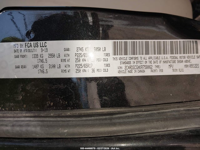 2019 Dodge Grand Caravan Sxt მანქანა იყიდება აუქციონზე, vin: 2C4RDGCGXKR758062, აუქციონის ნომერი: 44466879