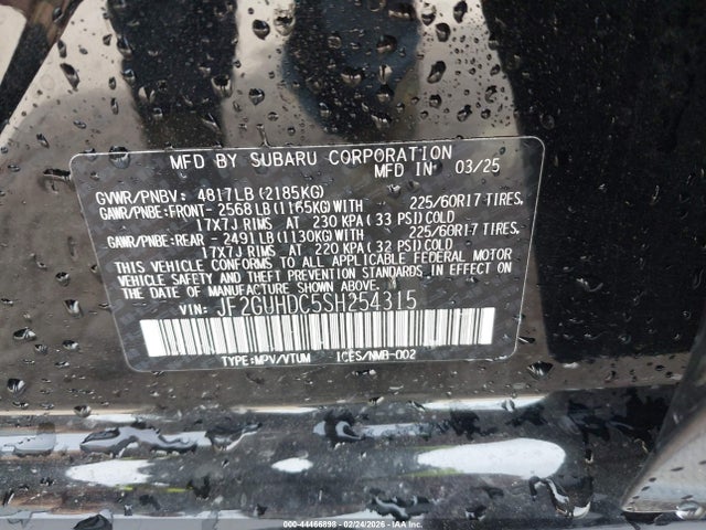 2025 Subaru Crosstrek Premium მანქანა იყიდება აუქციონზე, vin: JF2GUHDC5SH254315, აუქციონის ნომერი: 44466898