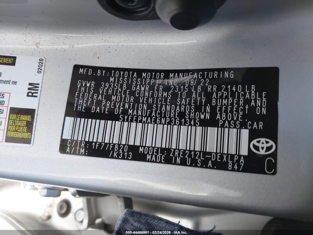 Продажа на аукционе авто 2022 Toyota Corolla Le, vin: 5YFEPMAE6NP361345, номер лота: 44466961