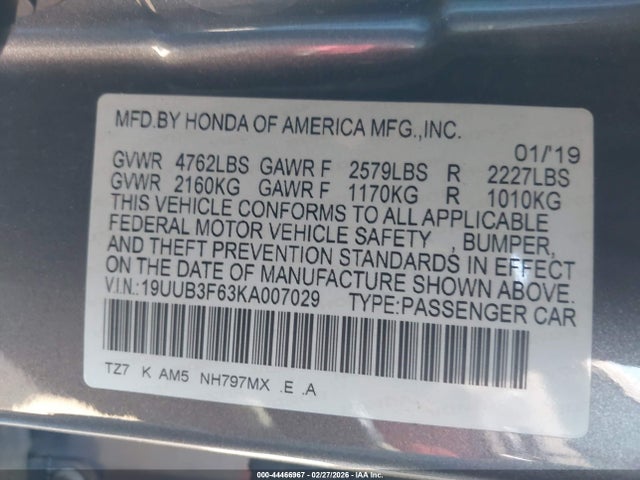 19UUB3F63KA007029 Acura Tlx Tech A-spec Pkgs