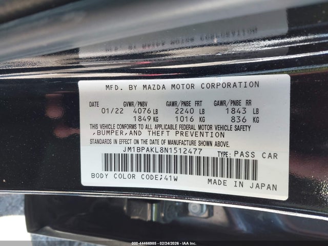 44466985 :رقم المزاد ، JM1BPAKL8N1512477 vin ، 2022 Mazda Mazda3 Select مزاد بيع