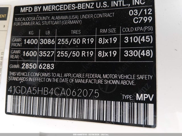 Продаж на аукціоні авто 2012 Mercedes-benz Ml 350 4matic, vin: 4JGDA5HB4CA062075, номер лоту: 44467016