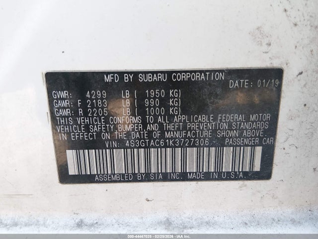 44467025 :رقم المزاد ، 4S3GTAC61K3727306 vin ، 2019 Subaru Impreza 2.0i Premium مزاد بيع