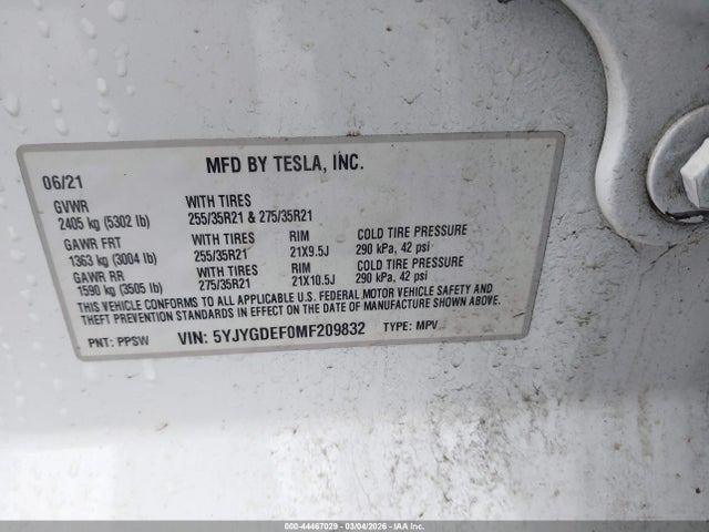 Продажа на аукционе авто 2021 Tesla Model Y Performance Dual Motor All-wheel Drive, vin: 5YJYGDEF0MF209832, номер лота: 44467029