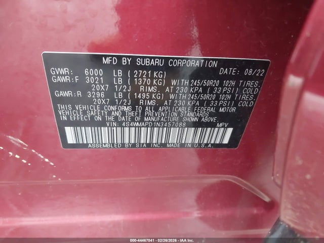 Продажа на аукционе авто 2022 Subaru Ascent Limited, vin: 4S4WMAPD1N3457088, номер лота: 44467041
