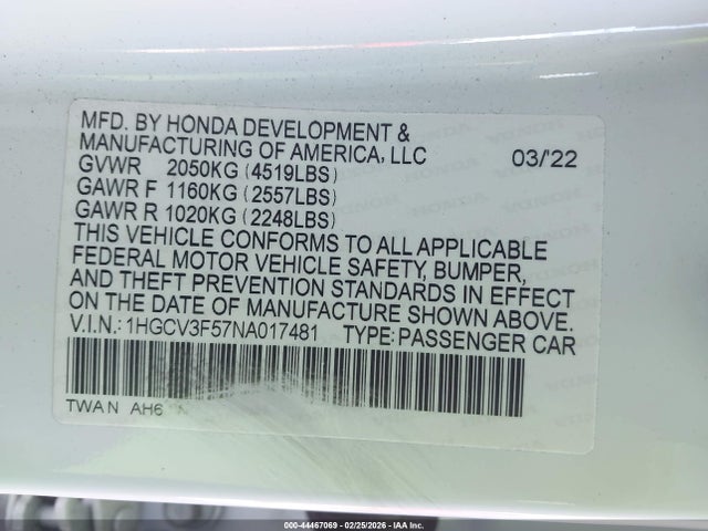 44467069 :رقم المزاد ، 1HGCV3F57NA017481 vin ، 2022 Honda Accord Hybrid Ex-l مزاد بيع