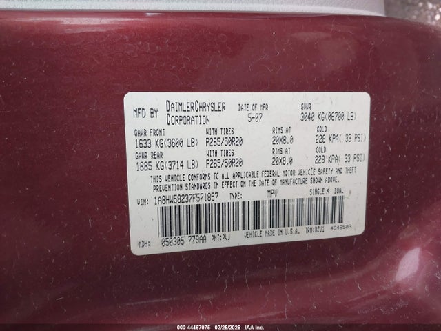 Aukcja sprzedaży 2007 Chrysler Aspen Limited, vin: 1A8HW58237F571857, numer aukcji: 44467075