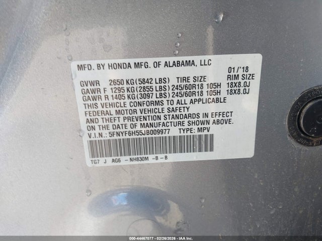 5FNYF6H55JB009977 Honda Pilot Ex-l