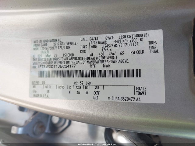 Продажа на аукционе авто 2018 Ford F-350 Lariat, vin: 1FT8W3DT1JEC24177, номер лота: 44467084