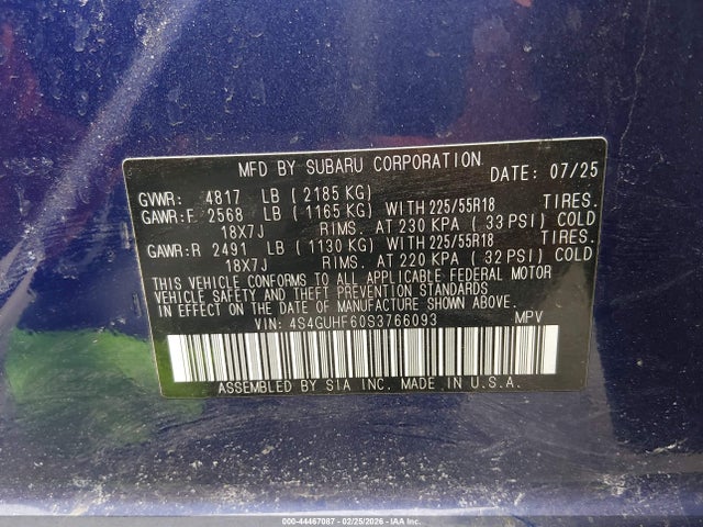 44467087 :رقم المزاد ، 4S4GUHF60S3766093 vin ، 2025 Subaru Crosstrek Sport مزاد بيع