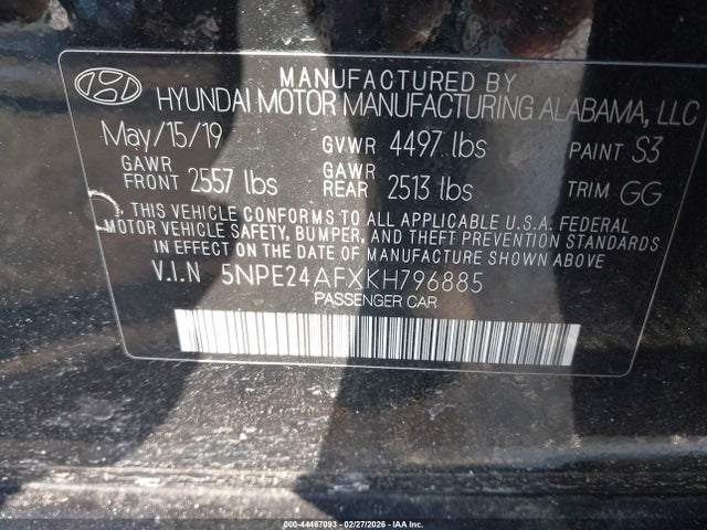 Aukcja sprzedaży 2019 Hyundai Sonata Se, vin: 5NPE24AFXKH796885, numer aukcji: 44467093