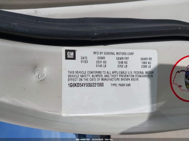 2003 Cadillac Deville Standard მანქანა იყიდება აუქციონზე, vin: 1G6KD54Y93U221560, აუქციონის ნომერი: 44467097