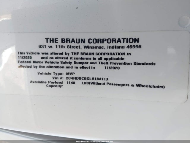 2020 Dodge Grand Caravan Sxt მანქანა იყიდება აუქციონზე, vin: 2C4RDGCGXLR184113, აუქციონის ნომერი: 44467103