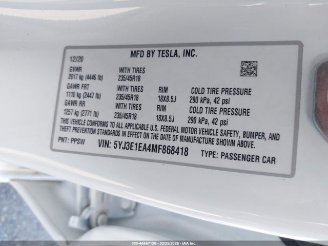 44467128 :رقم المزاد ، 5YJ3E1EA4MF868418 vin ، 2021 Tesla Model 3 Standard Range Plus Rear-wheel Drive مزاد بيع