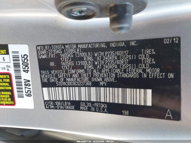 Aukcja sprzedaży 2012 Toyota Sienna Xle V6 8 Passenger, vin: 5TDYK3DC0CS227368, numer aukcji: 44467136