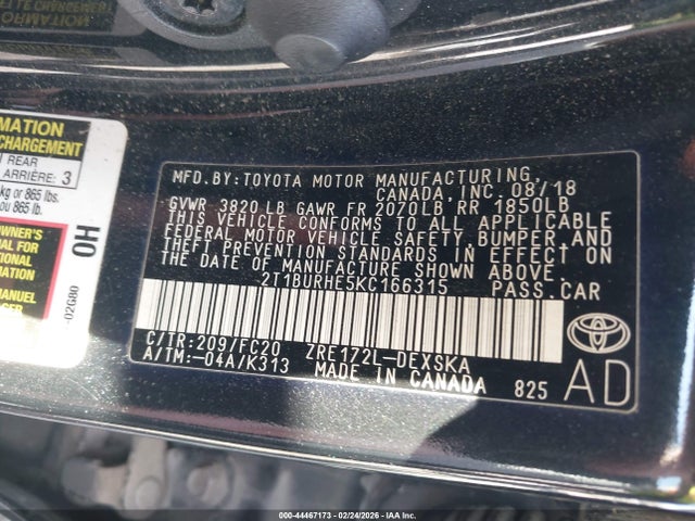 2T1BURHE5KC166315 Toyota COROLLA SE