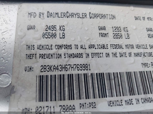 44467174 :رقم المزاد ، 2B3KA43H67H769981 vin ، 2007 Dodge Charger مزاد بيع