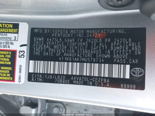 4T1K61AK7MU578734 Toyota CAMRY XSE