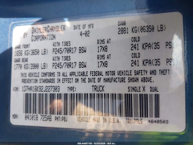 Aukcja sprzedaży 2002 Dodge Ram 1500 St, vin: 1D7HA16K92J227303, numer aukcji: 44467185