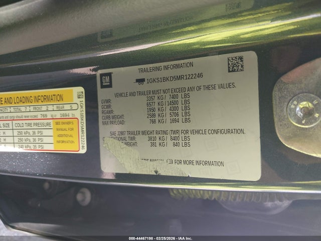 Aukcja sprzedaży 2021 Gmc Yukon 2wd Slt, vin: 1GKS1BKD5MR122246, numer aukcji: 44467198