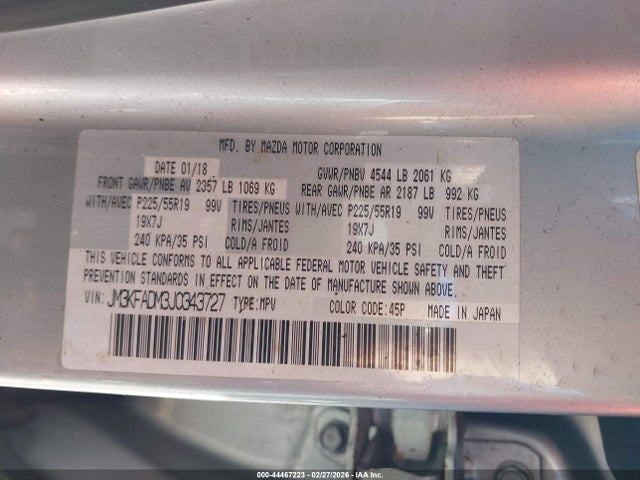 44467223 :رقم المزاد ، JM3KFADM3J0343727 vin ، 2018 Mazda Cx-5 Grand Touring مزاد بيع