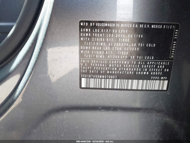 Aukcja sprzedaży 2021 Volkswagen Tiguan 2.0t S, vin: 3VV1B7AX6MM070657, numer aukcji: 44467249