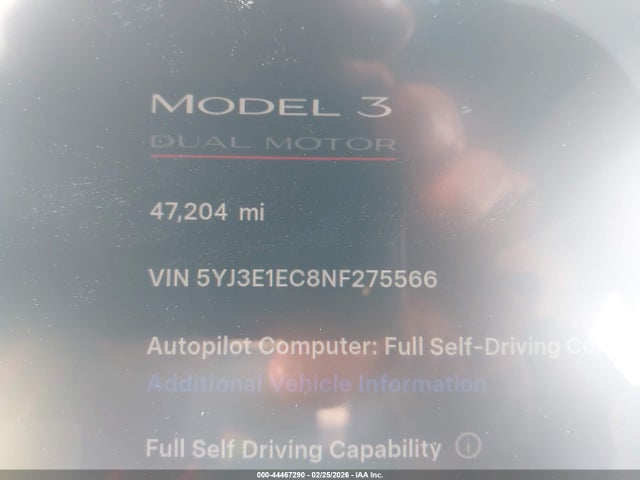 44467290 :رقم المزاد ، 5YJ3E1EC8NF275566 vin ، 2022 Tesla Model 3 Performance Dual Motor All-wheel Drive مزاد بيع