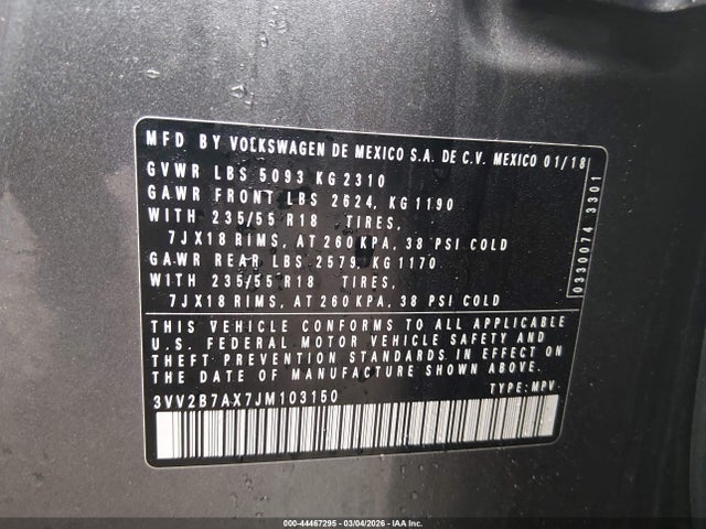 44467295 :رقم المزاد ، 3VV2B7AX7JM103150 vin ، 2018 Volkswagen Tiguan 2.0t Se/2.0t Sel مزاد بيع