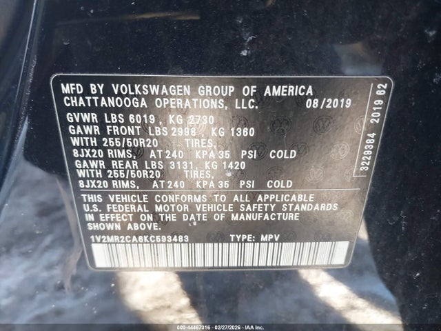 2019 VOLKSWAGEN ATLAS 1V2MR2CA6KC593483 Photo 8
