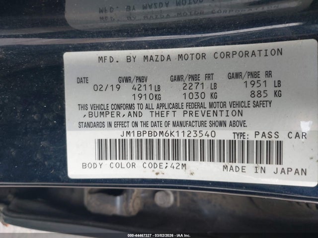 44467327 :رقم المزاد ، JM1BPBDM6K1123540 vin ، 2019 Mazda Mazda3 Preferred Package مزاد بيع