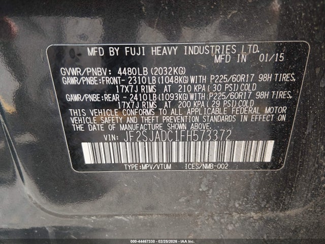2015 Subaru Forester 2.5i Premium მანქანა იყიდება აუქციონზე, vin: JF2SJADC1FH573372, აუქციონის ნომერი: 44467330