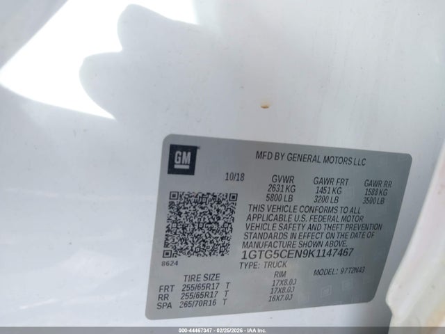 44467347 :رقم المزاد ، 1GTG5CEN9K1147467 vin ، 2019 Gmc Canyon Sle مزاد بيع