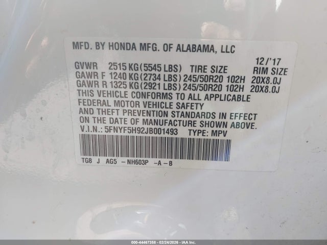 5FNYF5H92JB001493 Honda Pilot Touring