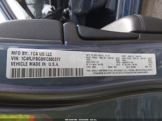 Aukcja sprzedaży 2021 Jeep Grand Cherokee Limited 4x4, vin: 1C4RJFBG8MC665377, numer aukcji: 44467365